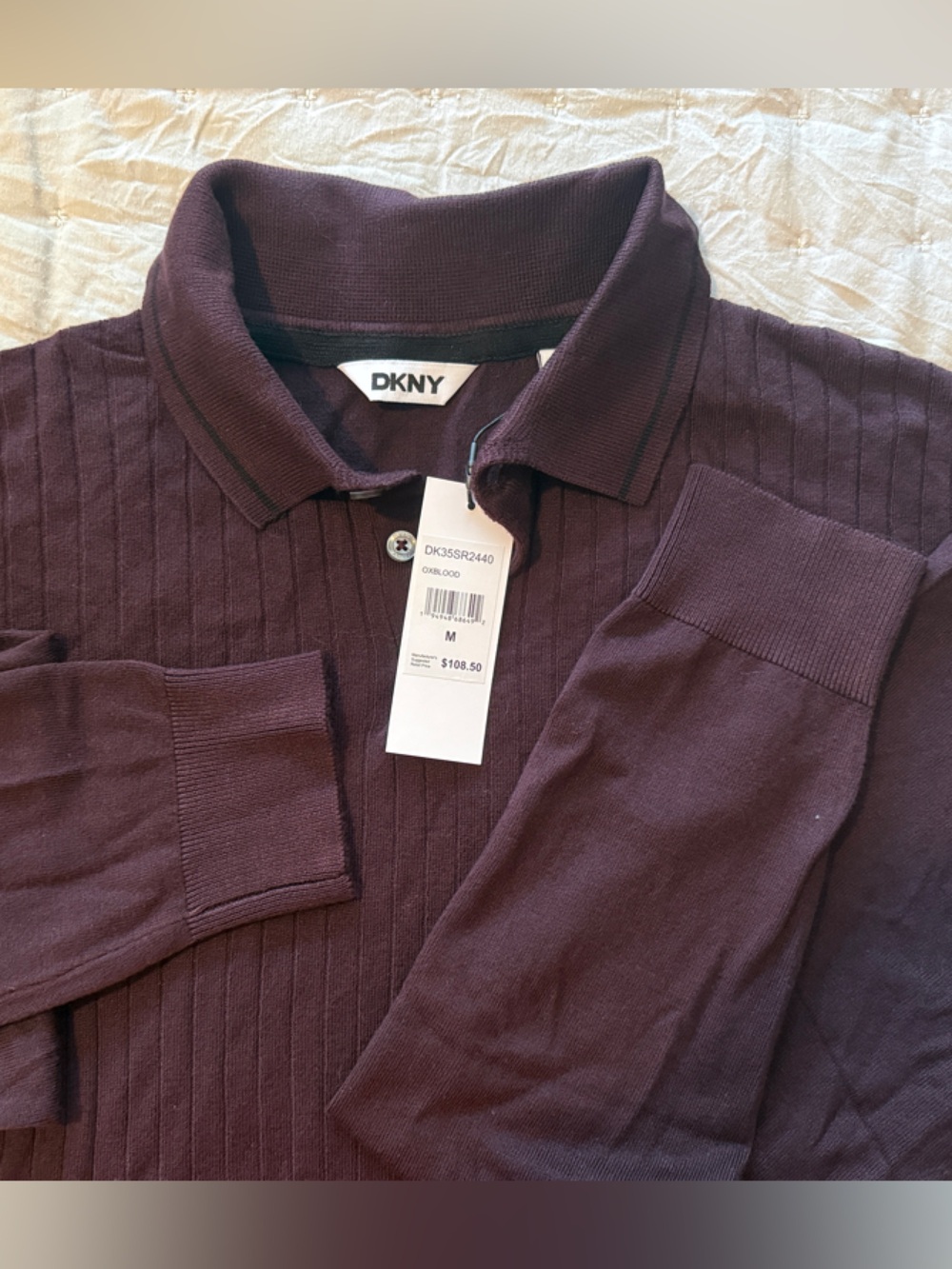 DKNY Men's Ribbed Polo Sweater in Plum
